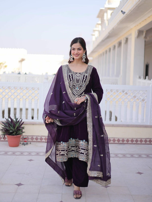 9000 Velvet Sequins Zari Embroidered Top-Pant with Dupatta