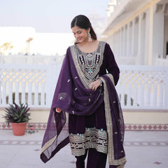 9000 Velvet Sequins Zari Embroidered Top-Pant with Dupatta