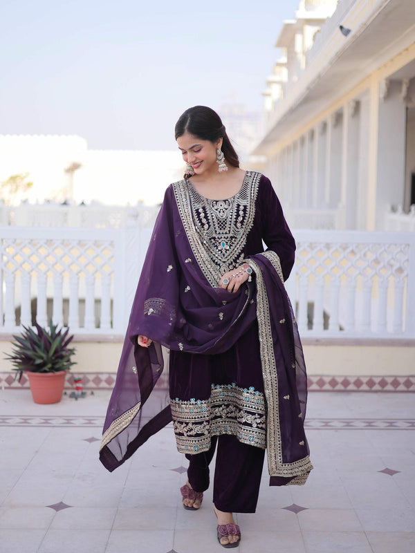 9000 Velvet Sequins Zari Embroidered Top-Pant with Dupatta