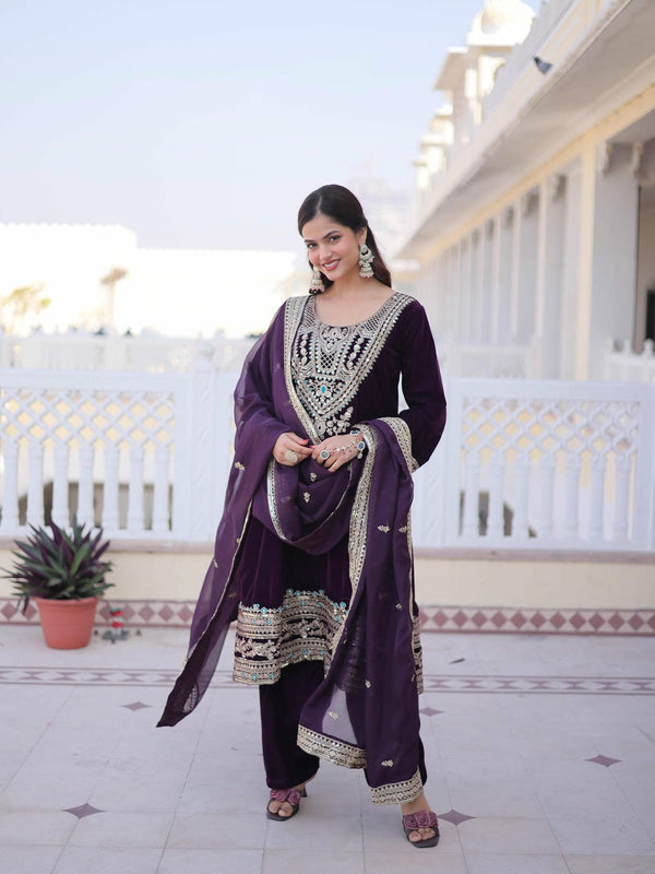 9000 Velvet Sequins Zari Embroidered Top-Pant with Dupatta