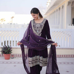9000 Velvet Sequins Zari Embroidered Top-Pant with Dupatta