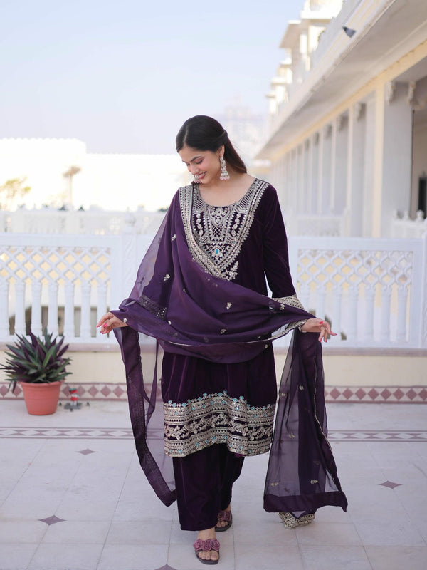 9000 Velvet Sequins Zari Embroidered Top-Pant with Dupatta