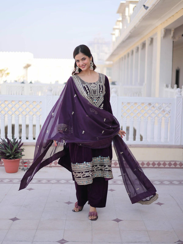 9000 Velvet Sequins Zari Embroidered Top-Pant with Dupatta