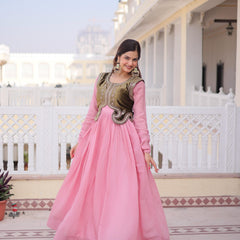Mal Chanderi Gown with Ice Velvet Beads Embroidered Koti