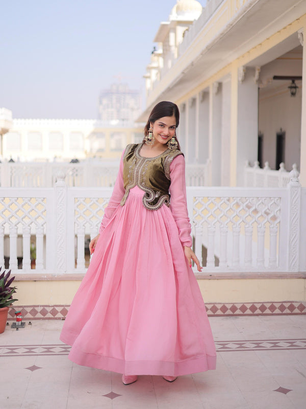 Mal Chanderi Gown with Ice Velvet Beads Embroidered Koti