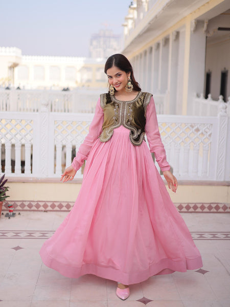 Mal Chanderi Gown with Ice Velvet Beads Embroidered Koti