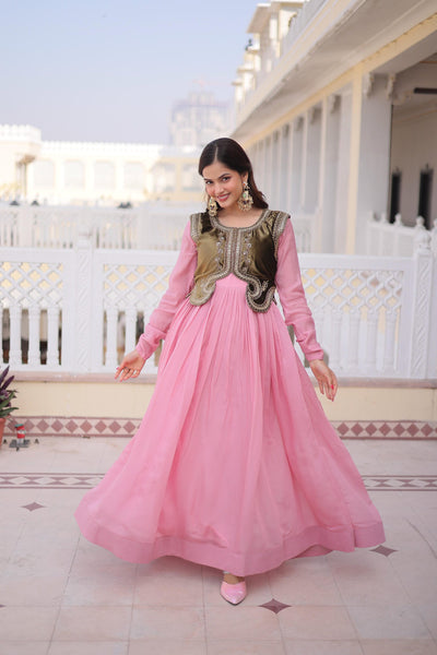 Mal Chanderi Gown with Ice Velvet Beads Embroidered Koti