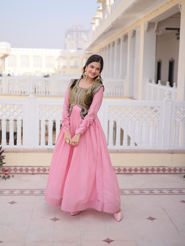 Mal Chanderi Gown with Ice Velvet Beads Embroidered Koti