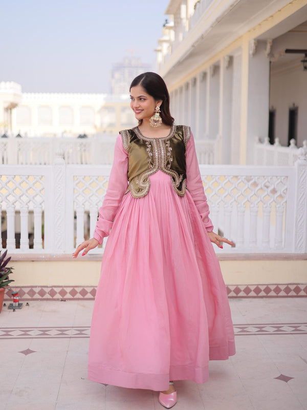 Mal Chanderi Gown with Ice Velvet Beads Embroidered Koti