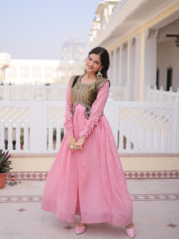 Mal Chanderi Gown with Ice Velvet Beads Embroidered Koti
