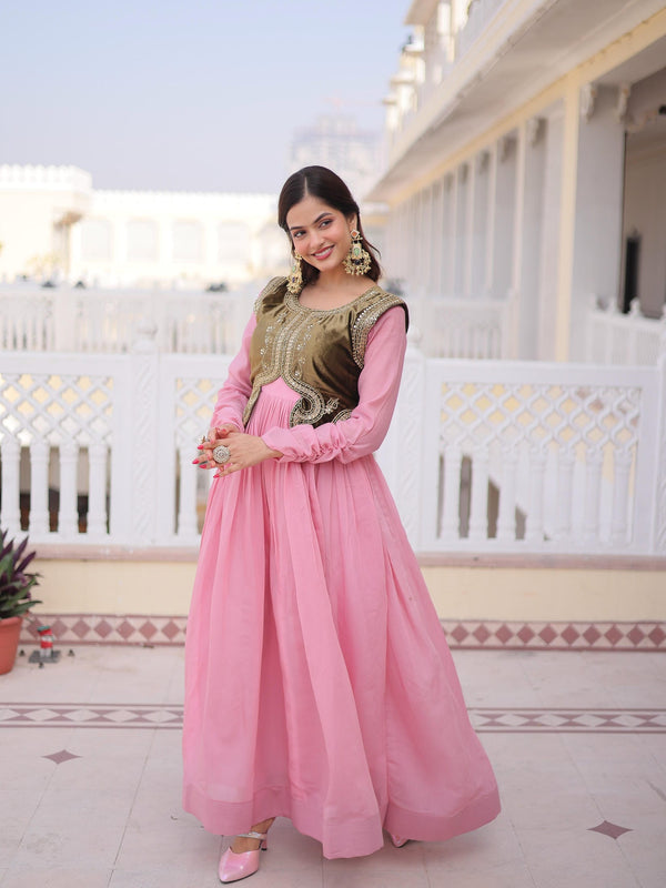 Mal Chanderi Gown with Ice Velvet Beads Embroidered Koti