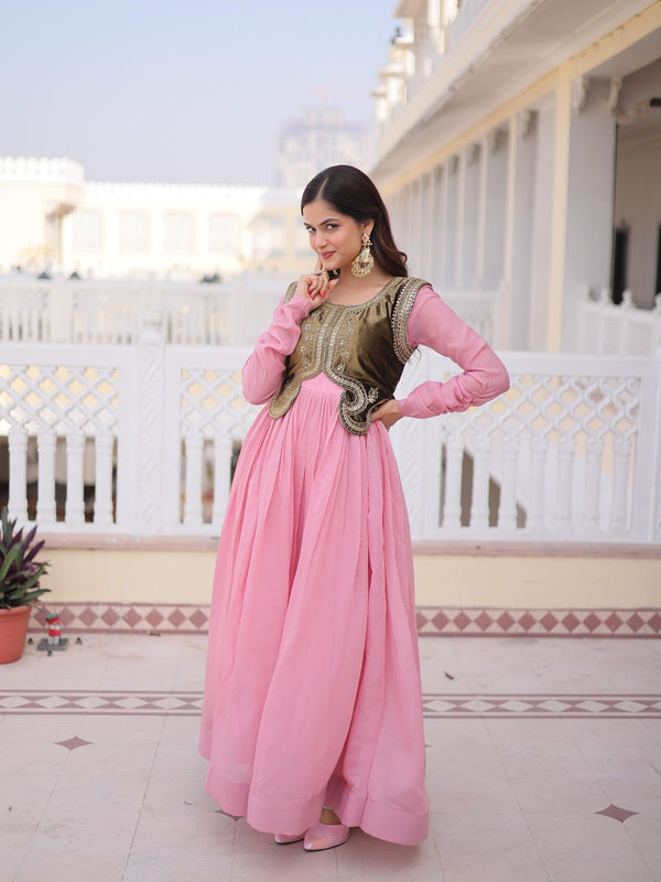 Mal Chanderi Gown with Ice Velvet Beads Embroidered Koti