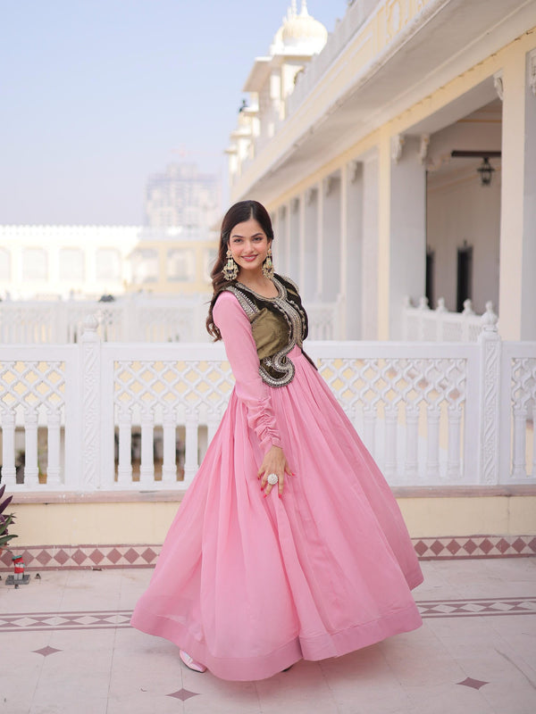 Mal Chanderi Gown with Ice Velvet Beads Embroidered Koti