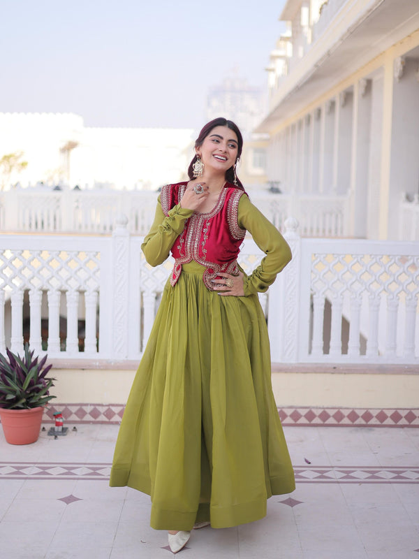 Mal Chanderi Gown with Ice Velvet Beads Embroidered Koti
