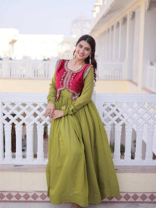 Mal Chanderi Gown with Ice Velvet Beads Embroidered Koti