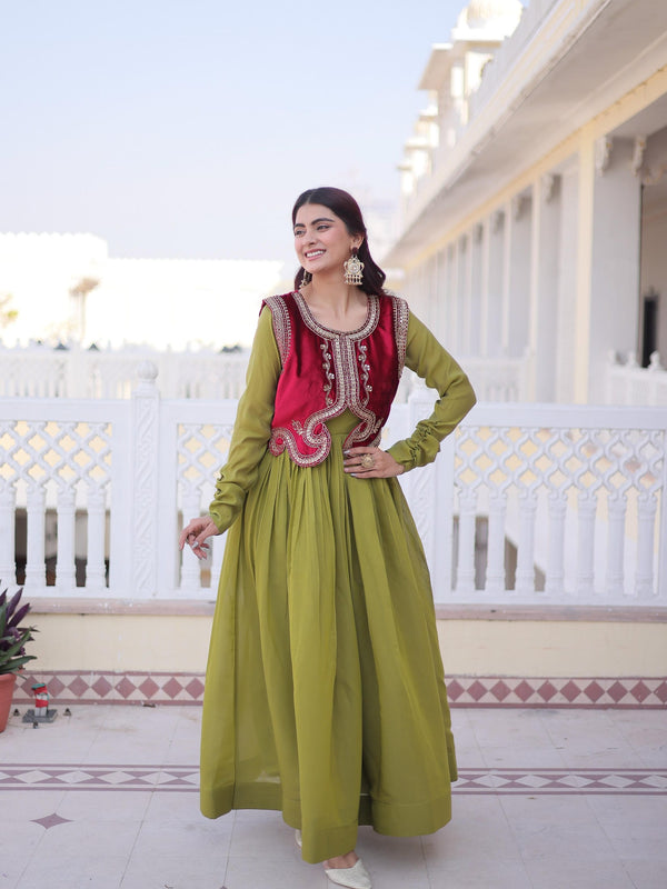 Mal Chanderi Gown with Ice Velvet Beads Embroidered Koti