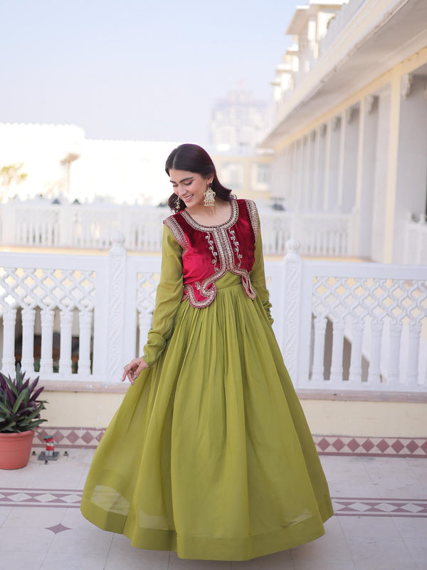 Mal Chanderi Gown with Ice Velvet Beads Embroidered Koti