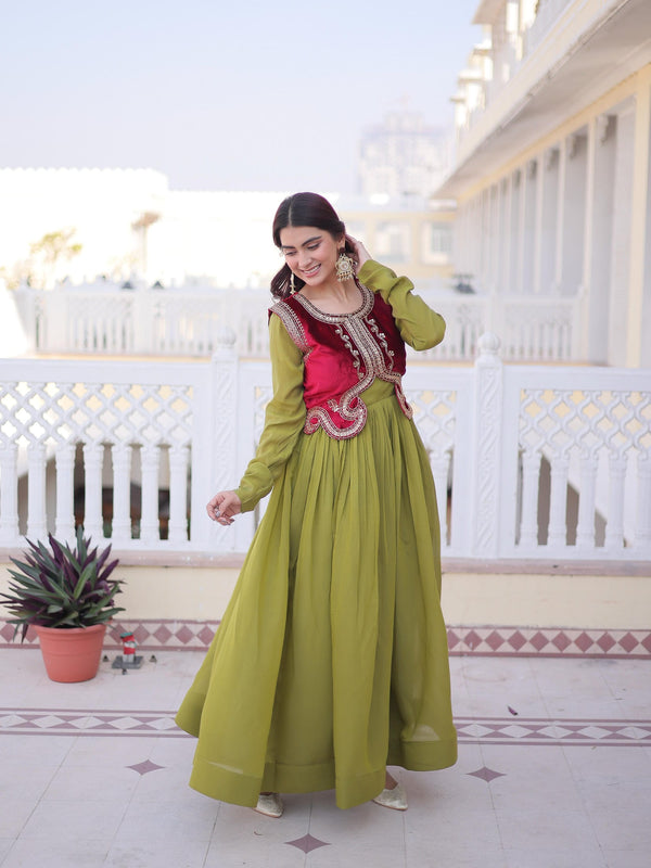 Mal Chanderi Gown with Ice Velvet Beads Embroidered Koti