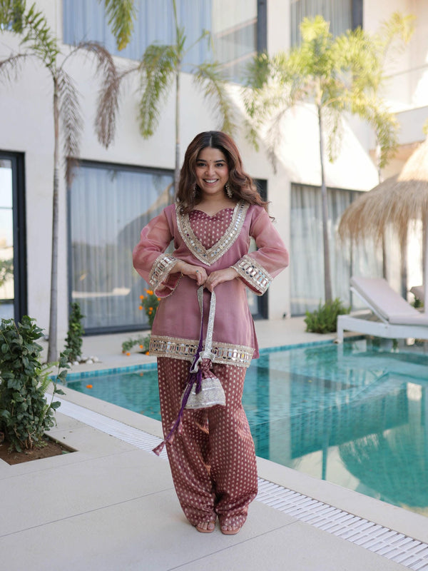 Salasa Mirror Lace Embroidered Top-Pant with Batwa