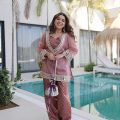 Salasa Mirror Lace Embroidered Top-Pant with Batwa