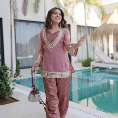 Salasa Mirror Lace Embroidered Top-Pant with Batwa