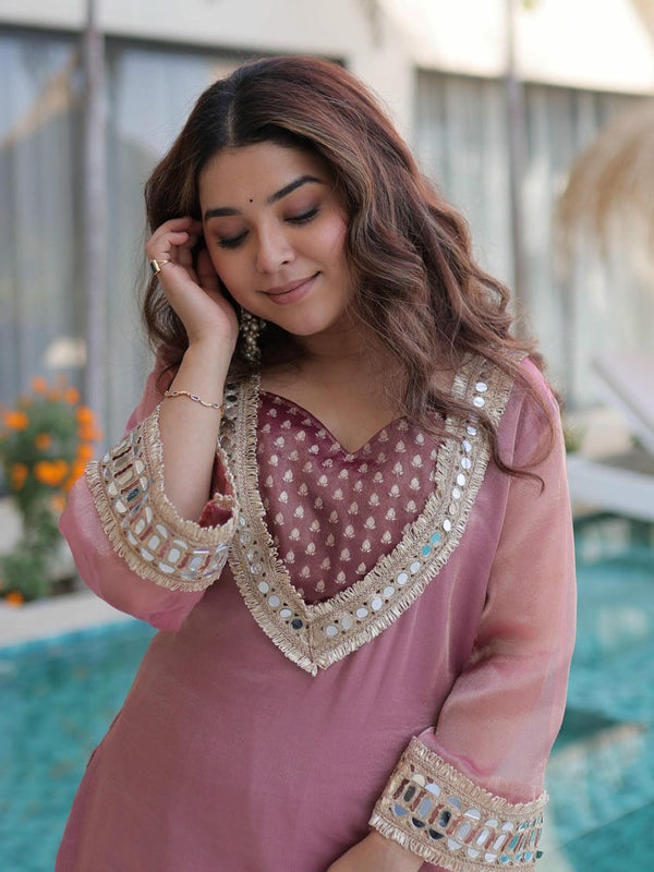 Salasa Mirror Lace Embroidered Top-Pant with Batwa