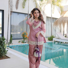 Salasa Mirror Lace Embroidered Top-Pant with Batwa