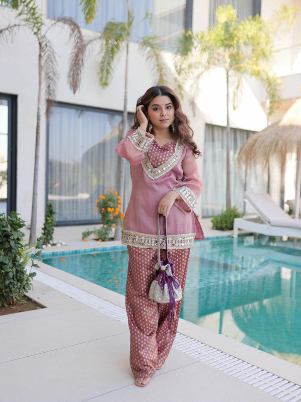 Salasa Mirror Lace Embroidered Top-Pant with Batwa