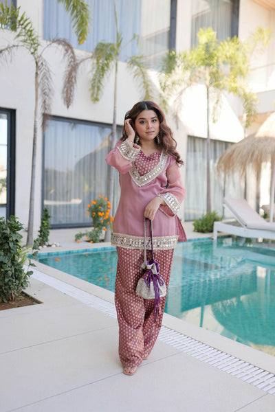 Salasa Mirror Lace Embroidered Top-Pant with Batwa