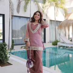Salasa Mirror Lace Embroidered Top-Pant with Batwa