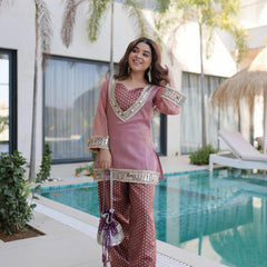 Salasa Mirror Lace Embroidered Top-Pant with Batwa
