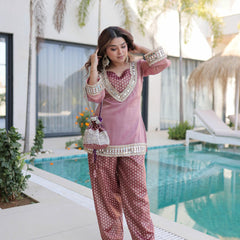 Salasa Mirror Lace Embroidered Top-Pant with Batwa