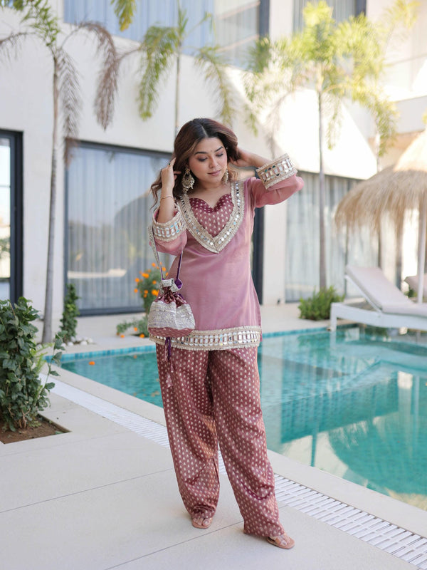 Salasa Mirror Lace Embroidered Top-Pant with Batwa