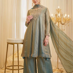 Women's Fandy Silk Embroidered Kurti Pant Set with Fandy Silk Dupatta