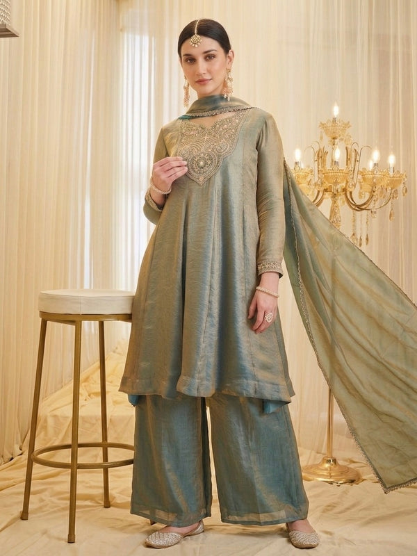 Women's Fandy Silk Embroidered Kurti Pant Set with Fandy Silk Dupatta