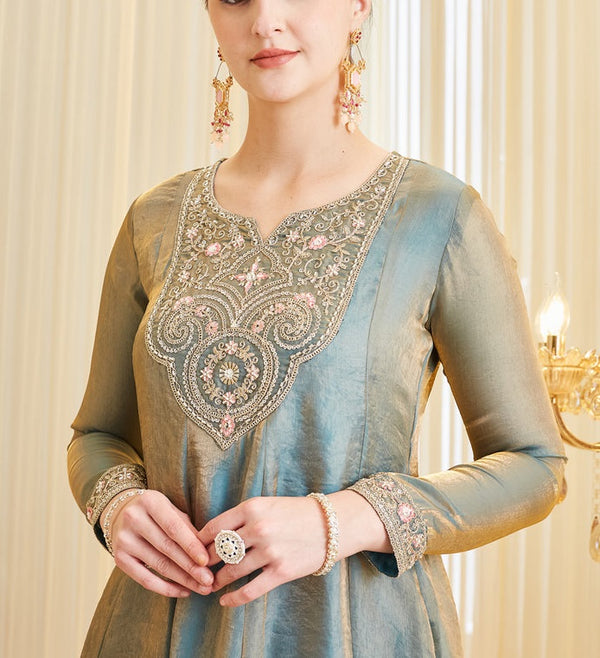 Women's Fandy Silk Embroidered Kurti Pant Set with Fandy Silk Dupatta