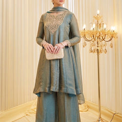 Women's Fandy Silk Embroidered Kurti Pant Set with Fandy Silk Dupatta