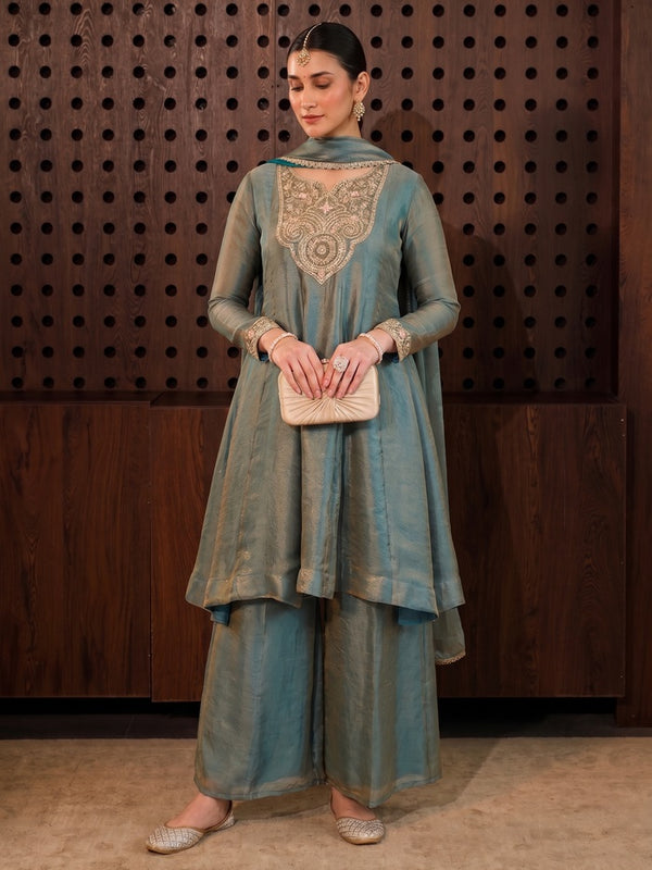 Women's Fandy Silk Embroidered Kurti Pant Set with Fandy Silk Dupatta