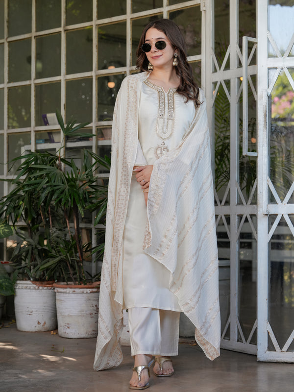 Viscose Chanderi With Embroidery Kurti Pant Set With Dupatta