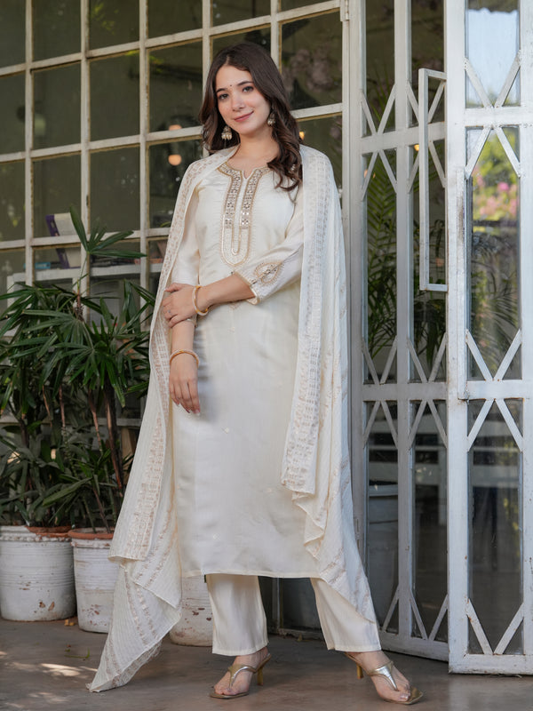 Viscose Chanderi With Embroidery Kurti Pant Set With Dupatta