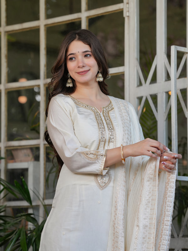Viscose Chanderi With Embroidery Kurti Pant Set With Dupatta