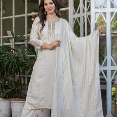 Viscose Chanderi With Embroidery Kurti Pant Set With Dupatta