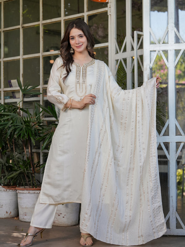 Viscose Chanderi With Embroidery Kurti Pant Set With Dupatta