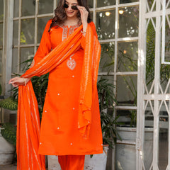 Viscose Chanderi With Embroidery Kurti Pant Set With Dupatta
