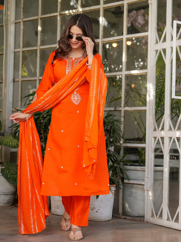 Viscose Chanderi With Embroidery Kurti Pant Set With Dupatta