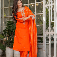 Viscose Chanderi With Embroidery Kurti Pant Set With Dupatta