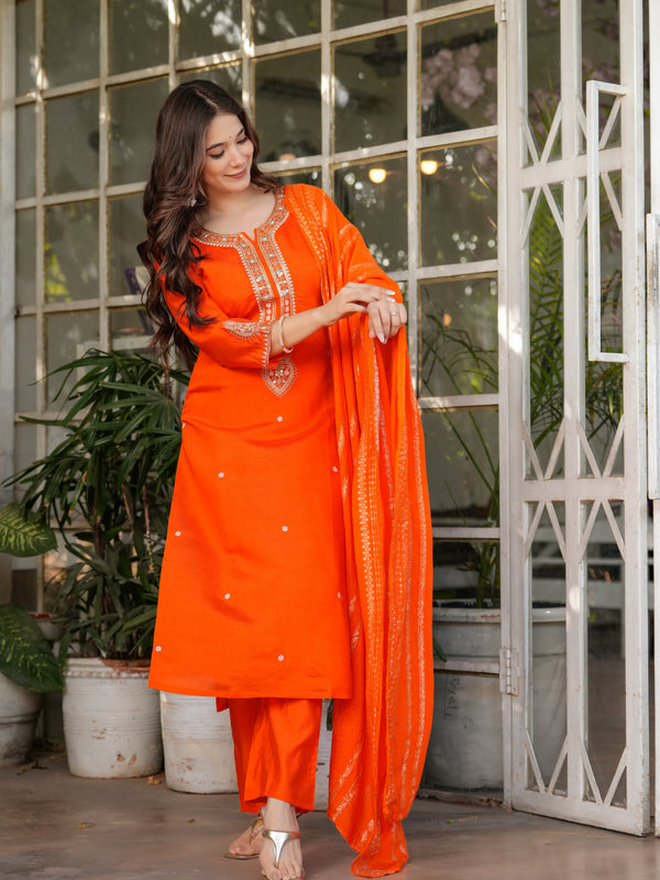 Viscose Chanderi With Embroidery Kurti Pant Set With Dupatta