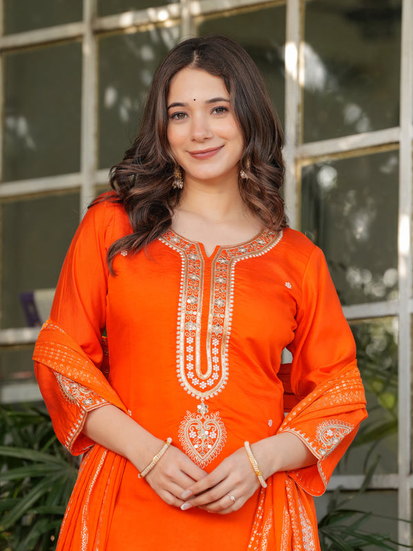 Viscose Chanderi With Embroidery Kurti Pant Set With Dupatta