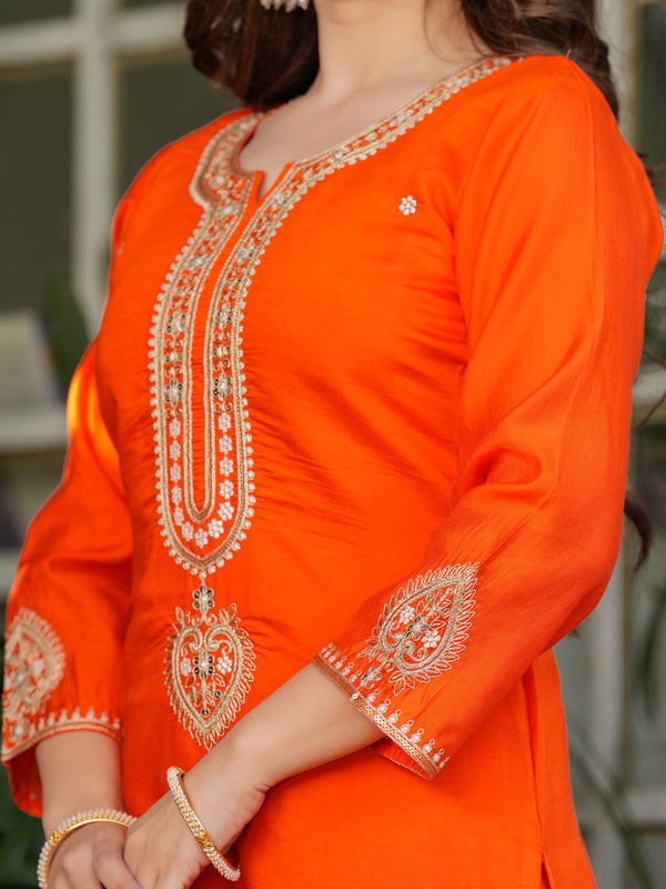 Viscose Chanderi With Embroidery Kurti Pant Set With Dupatta