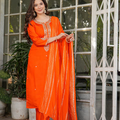Viscose Chanderi With Embroidery Kurti Pant Set With Dupatta